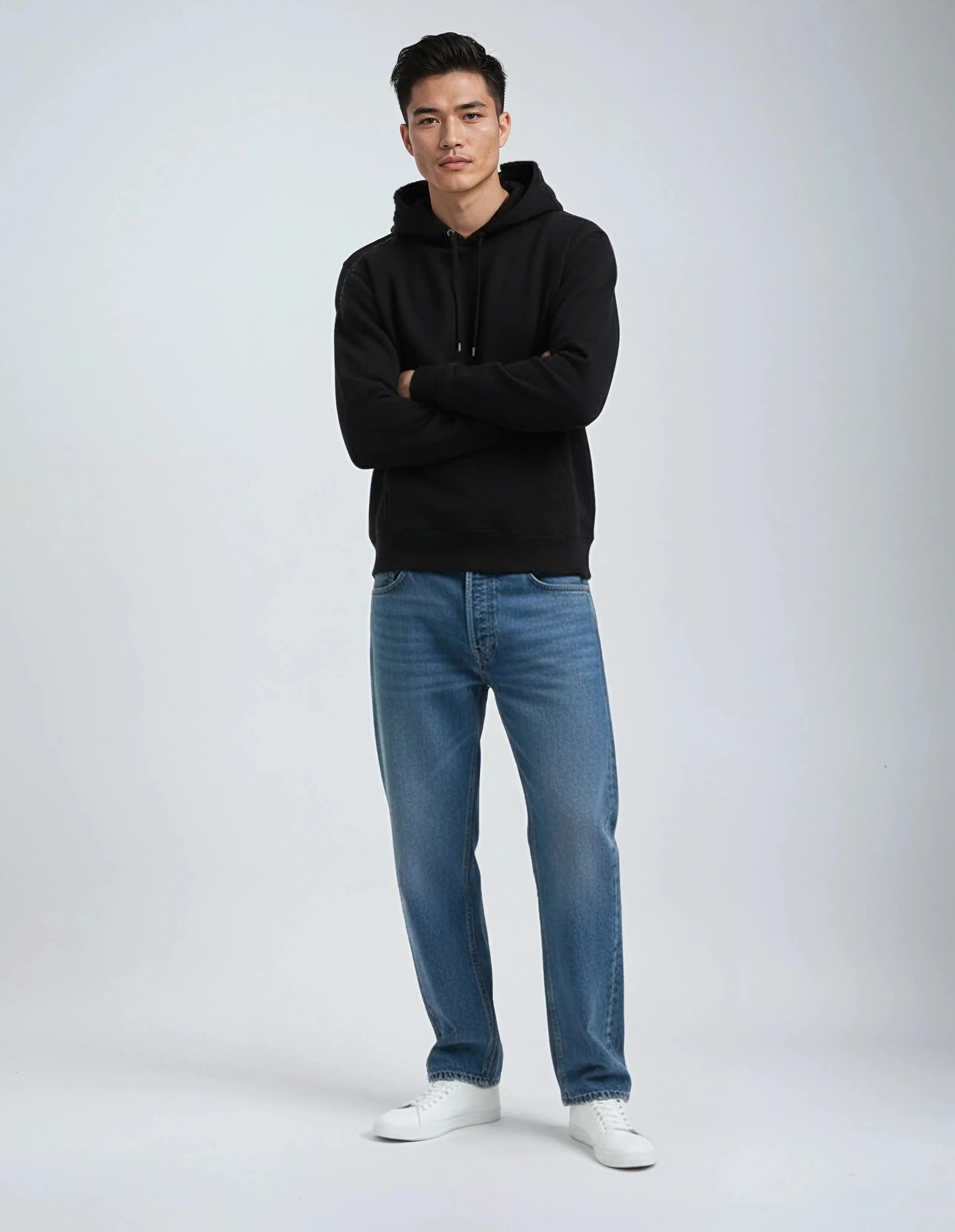 Black heavyweight fleece hoodie by SpectraUSA, full-body view showcasing the cozy, durable design.