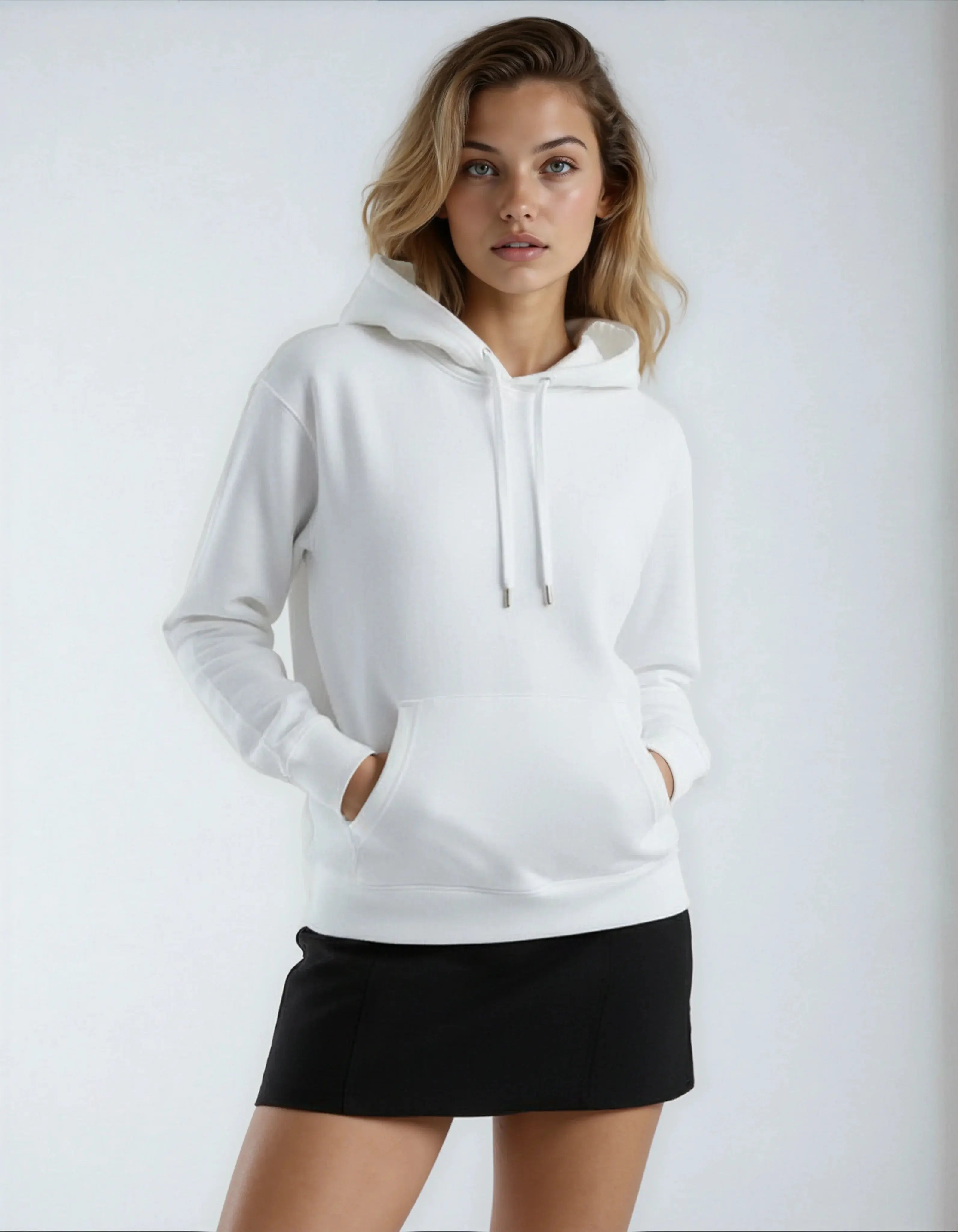 White heavyweight fleece hoodie for women by SpectraUSA, featuring a cozy and stylish design perfect for cold weather.