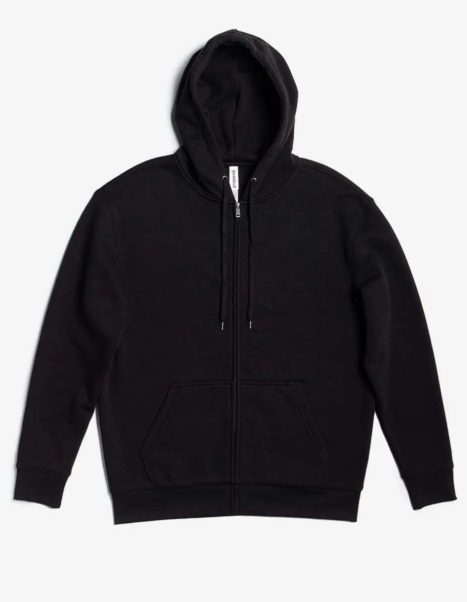 Black heavyweight fleece zip hoodie by SpectraUSA, front view showing full zip and hood.