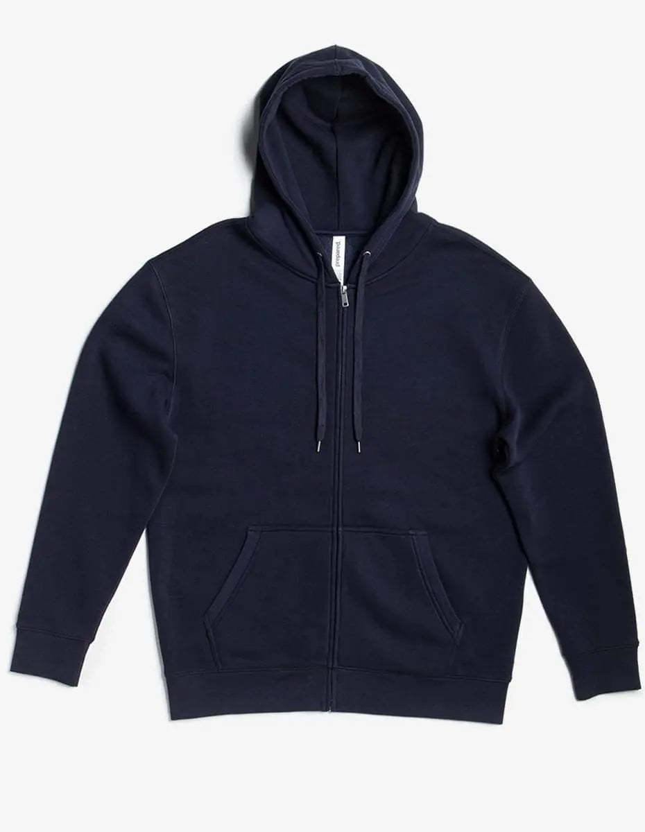 Navy heavyweight fleece zip hoodie by SpectraUSA, featuring a front zipper and cozy fleece material, shown on a model.
