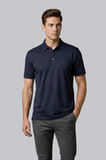 Men's navy UPF 50 Performance Polo shirt by SpectraUSA, with a classic collar and short sleeves, made for sun protection and comfort.