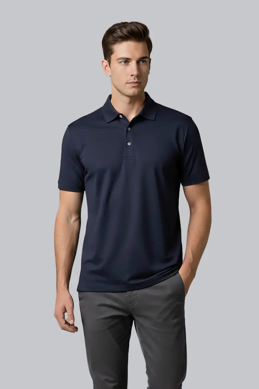 Men's navy UPF 50 Performance Polo shirt by SpectraUSA, with a classic collar and short sleeves, made for sun protection and comfort.