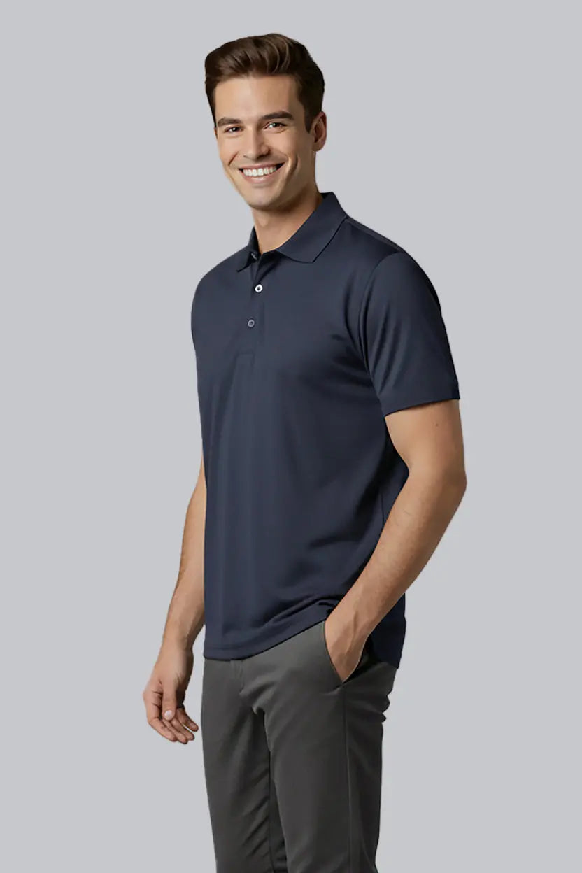 Men's navy UPF 50 Performance Polo shirt by SpectraUSA, featuring a comfortable fit and breathable fabric for outdoor wear.