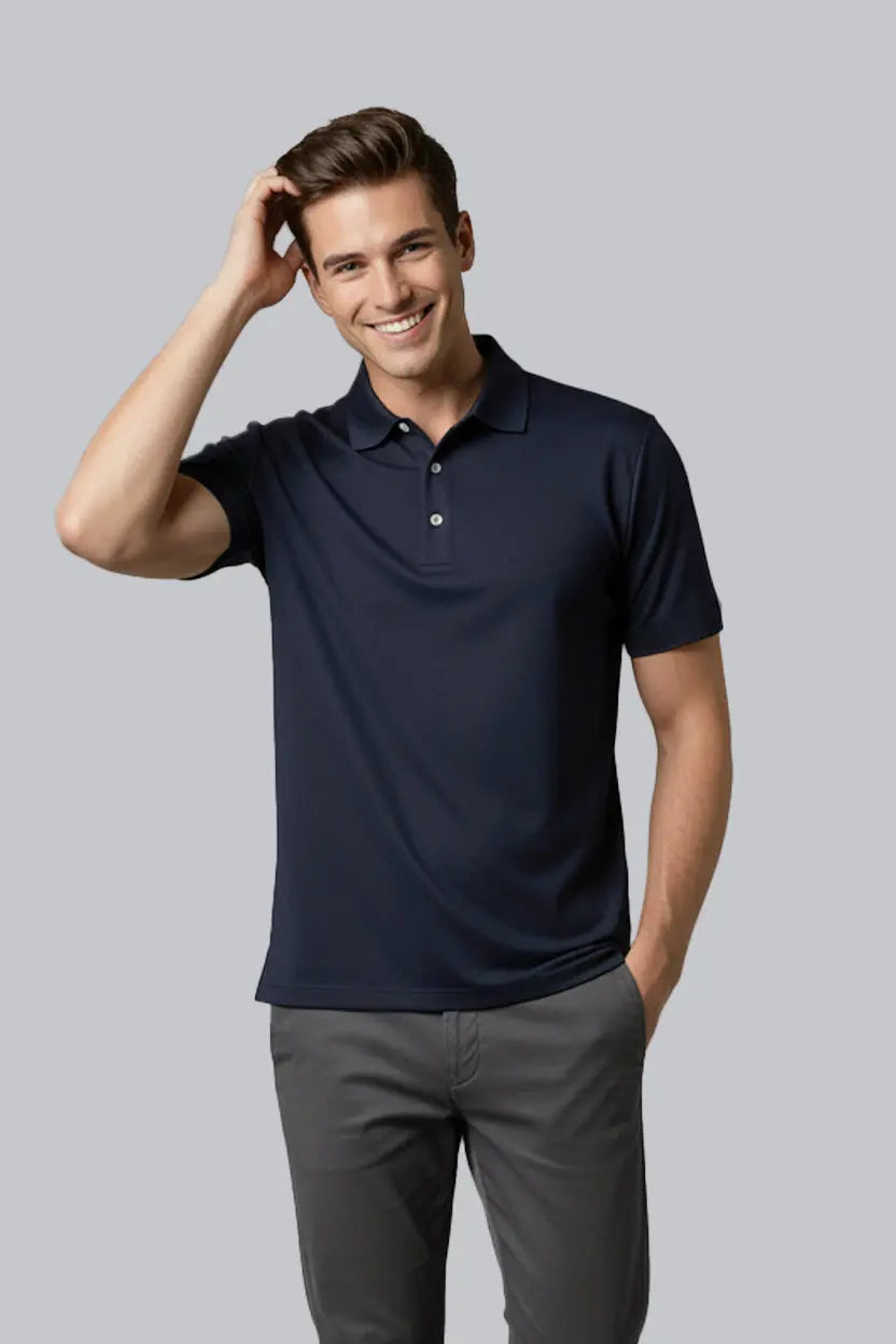 Men's navy UPF 50 Performance Polo shirt by SpectraUSA, featuring a comfortable fit and breathable fabric for active wear.