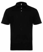 Men's black UPF 50 performance polo shirt by SpectraUSA, front view showing collar and logo on chest.