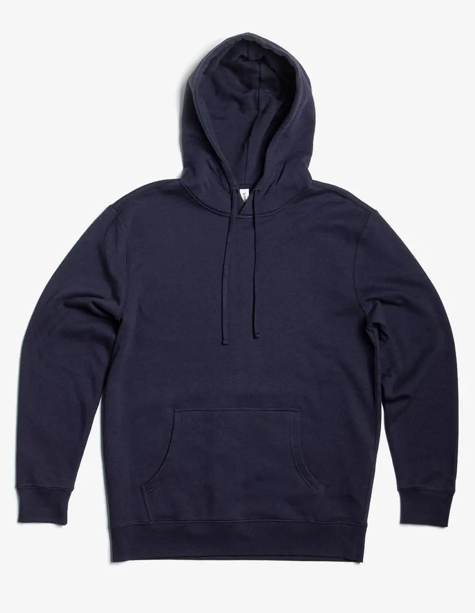 SpectraUSA unisex navy fleece hoodie pullover, midweight, with front pocket and adjustable drawstring hood.