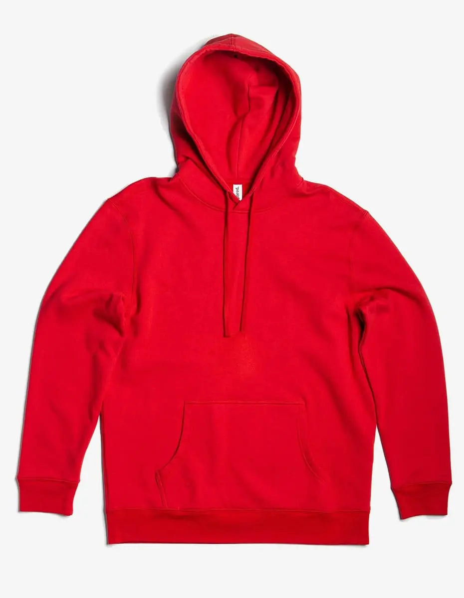Unisex red fleece hoodie pullover by SpectraUSA, midweight fleece with a hood, casual and comfortable for everyday wear.