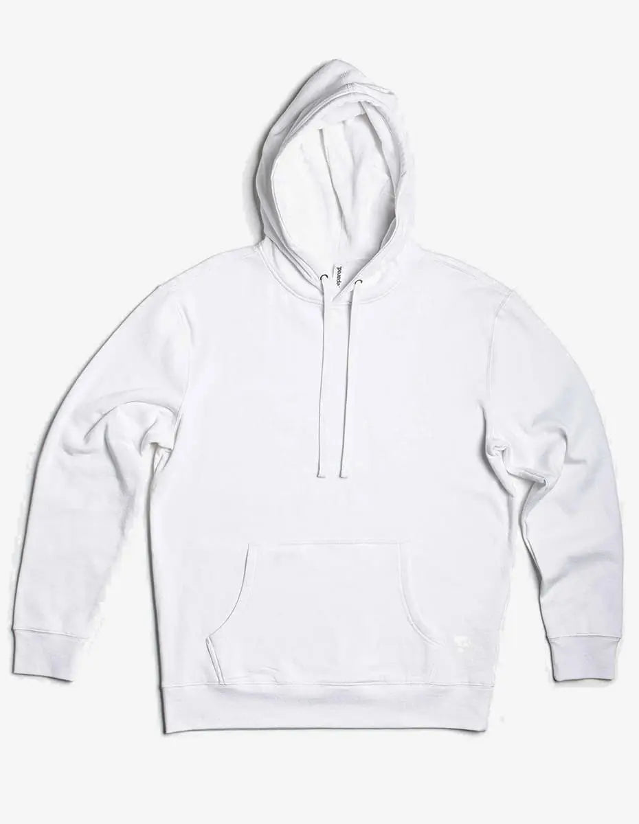 White fleece hoodie pullover by SpectraUSA, unisex midweight fleece hoodie with a front pocket and adjustable drawstrings.