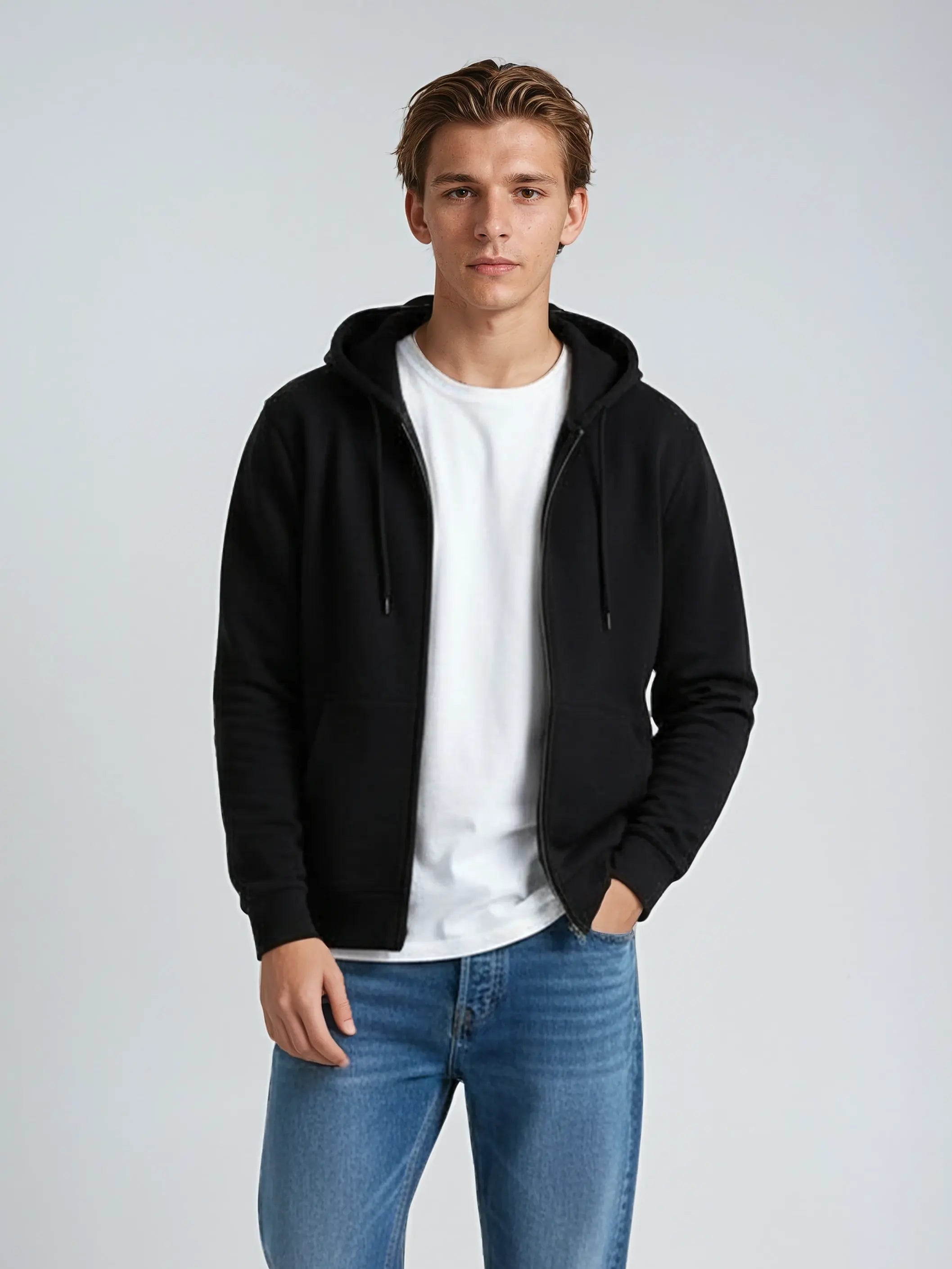 Black unisex zip hoodie from SpectraUSA, midweight fleece with full front zipper and hood, casual and comfortable for everyday wear.