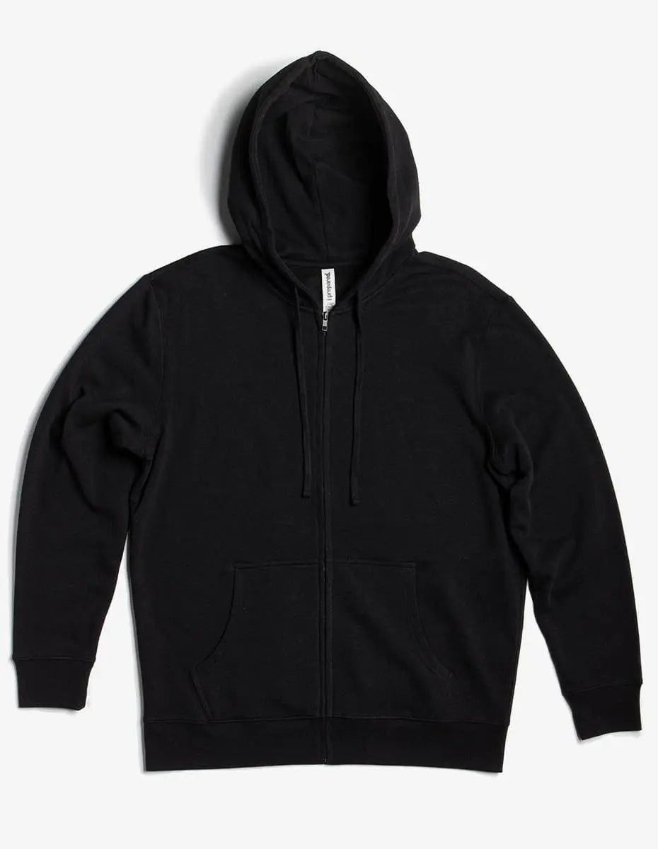 Unisex black zip hoodie made of midweight fleece by SpectraUSA, featuring a full front zipper and casual style.