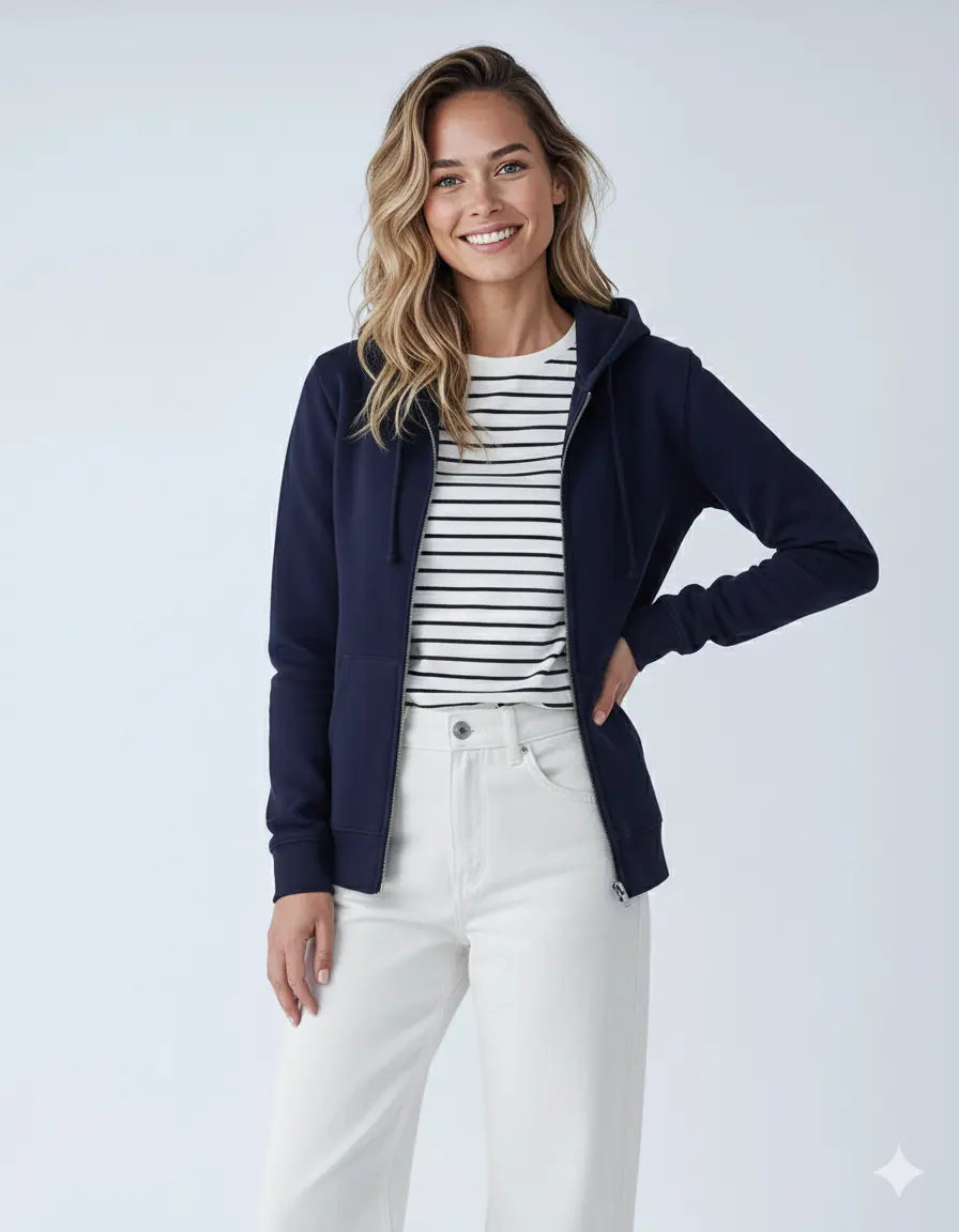 Navy unisex zip hoodie made of midweight fleece by SpectraUSA, featuring a full front zipper and casual style.