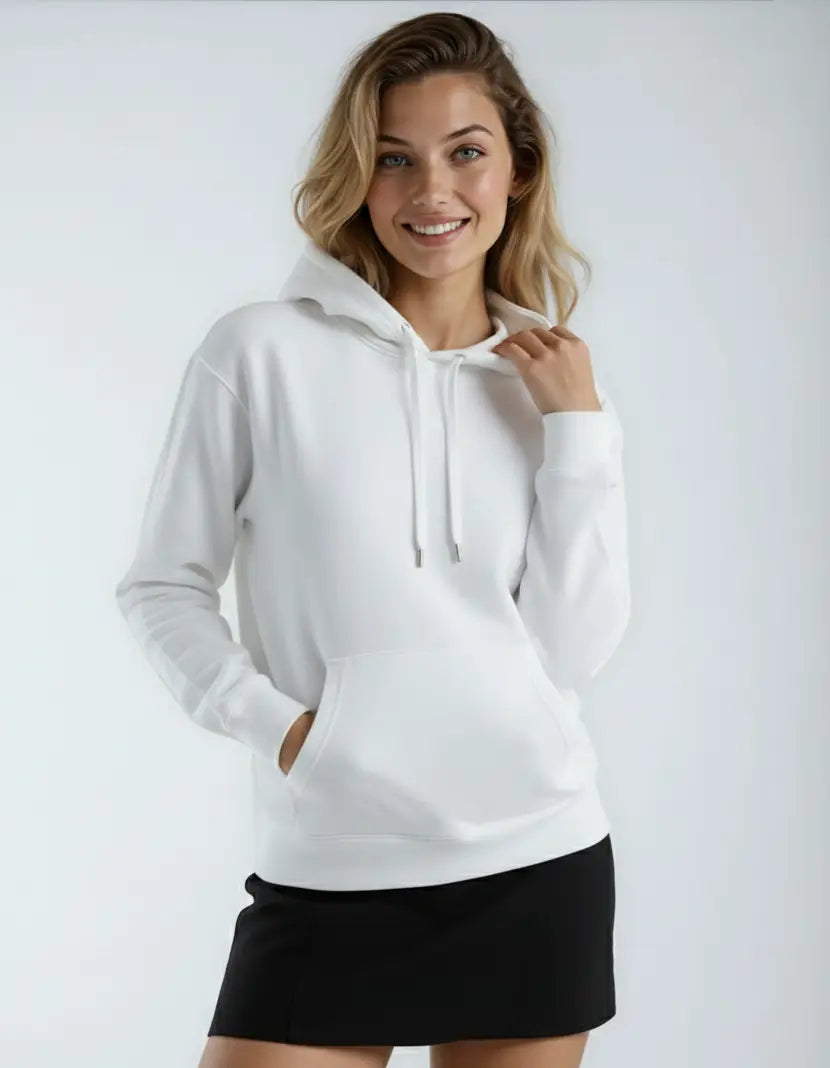 White heavyweight fleece hoodie for men by SpectraUSA, front view showing hood and pullover design.