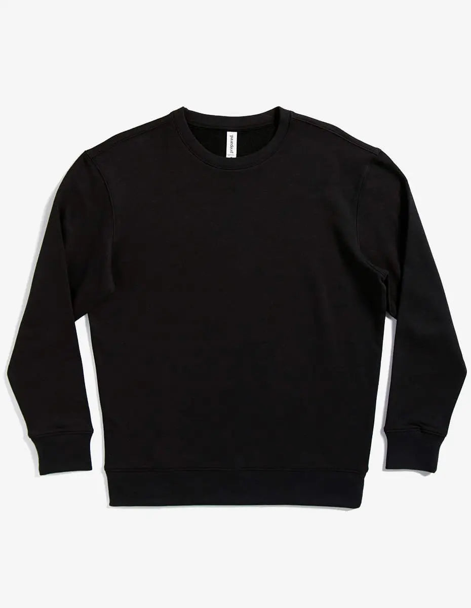 Black fleece crew neck sweatshirt by SpectraUSA, unisex midweight drop shoulder design, flatlay view.