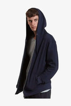 Unisex navy lightweight fleece zip hoodie by SpectraUSA, shown fully zipped, casual style, front view.