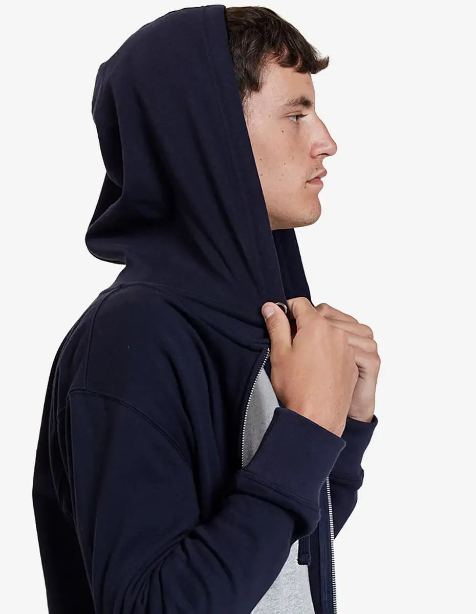 Unisex navy lightweight fleece zip hoodie by SpectraUSA, showing front view with full-length zipper and hood.