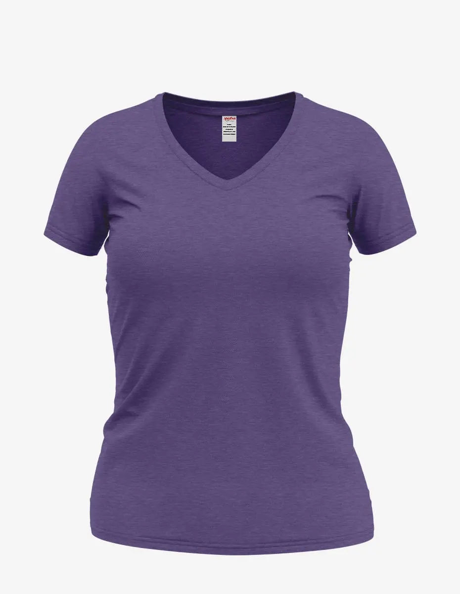 Purple Heather Wonder V-Neck women's top by SpectraUSA, front view showcasing the neckline and soft fabric.