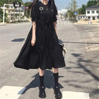 Women Harajuku Gothic Lolita Goth Kawaii Dress Punk Cute Long Sleeve Black Midi Dress nowadaysfashion