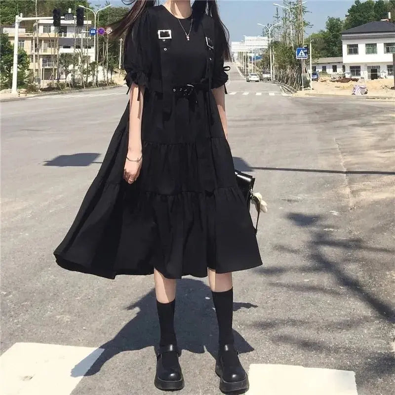 Women Harajuku Gothic Lolita Goth Kawaii Dress Punk Cute Long Sleeve Black Midi Dress nowadaysfashion