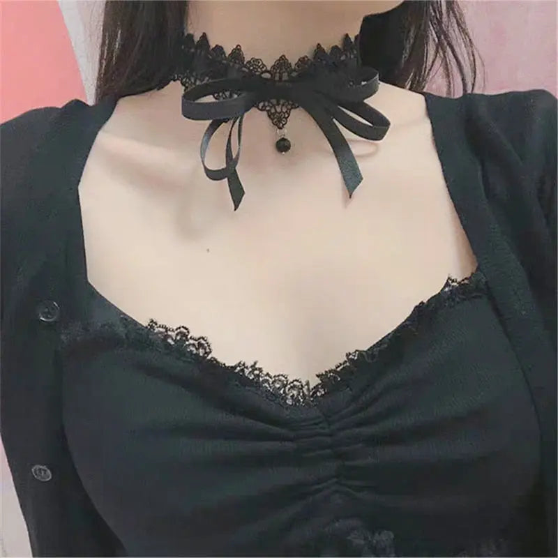 Bowknot Dark Girl Black Lace Choker Necklace Harajuku Punk Gothic Loli Cute Collar nowadaysfashion