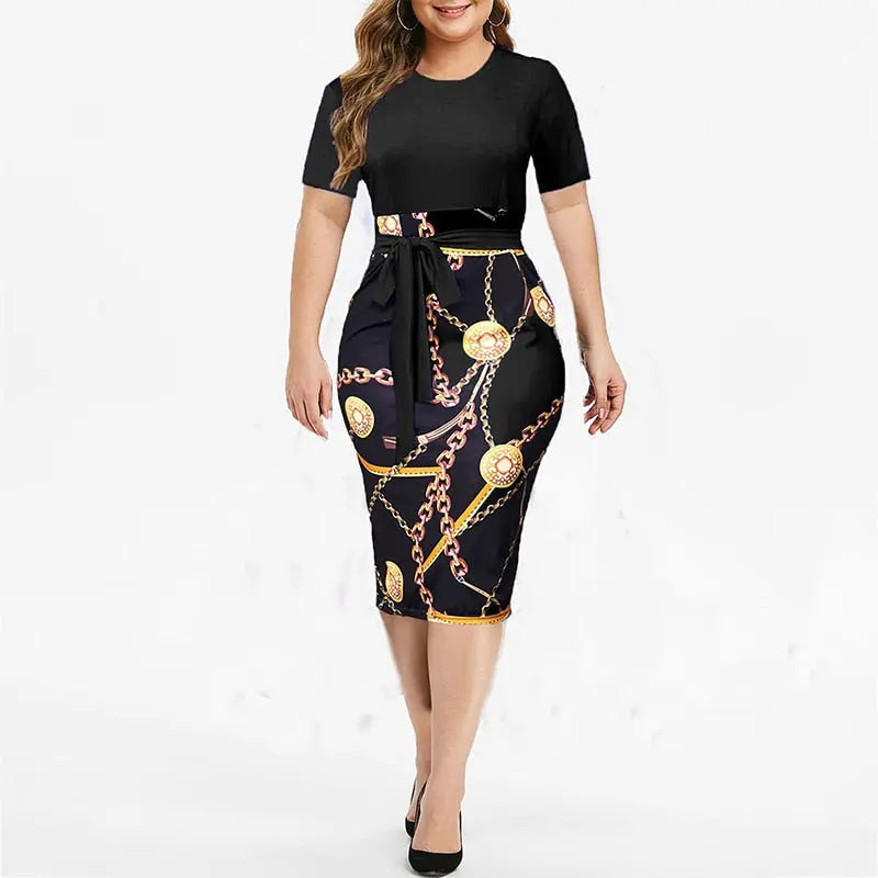 Vintage Print Plus Size Knee-length Dress Womens Summer Short Sleeve Midi Elegant Dresses nowadaysfashion