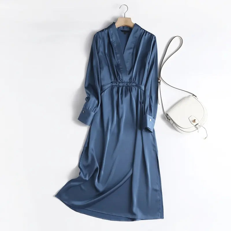 Autumn Fashion Women Elegant Satin Dress Long Sleeve Office Ladies Midi Dress nowadaysfashion
