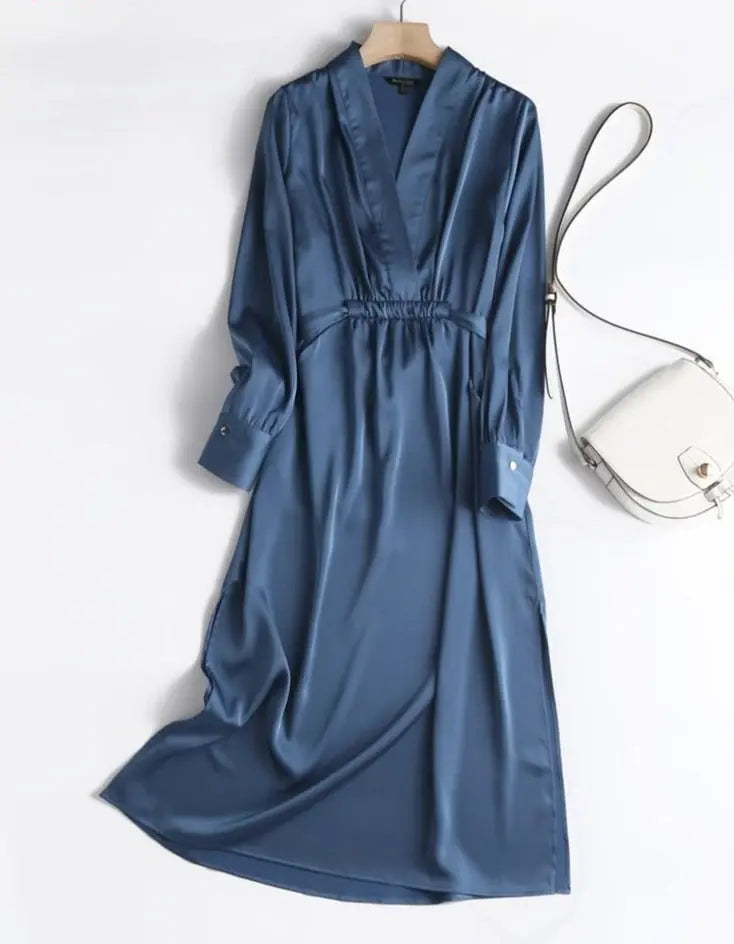 Autumn Fashion Women Elegant Satin Dress Long Sleeve Office Ladies Midi Dress nowadaysfashion