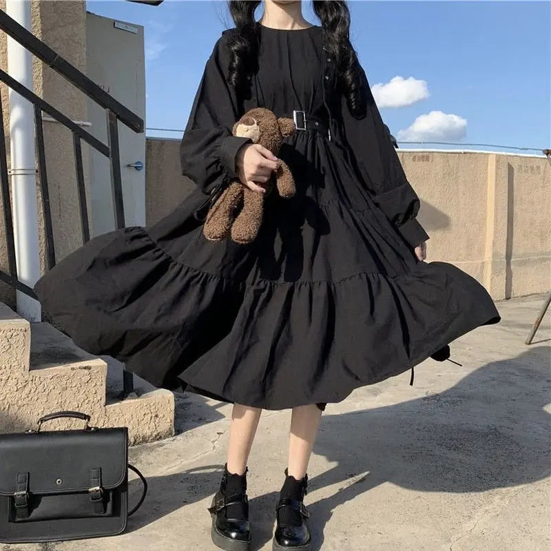 Women Harajuku Gothic Lolita Goth Kawaii Dress Punk Cute Long Sleeve Black Midi Dress nowadaysfashion