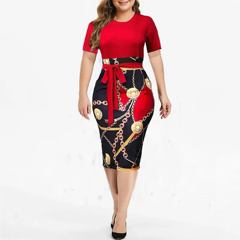 Vintage Print Plus Size Knee-length Dress Womens Summer Short Sleeve Midi Elegant Dresses nowadaysfashion