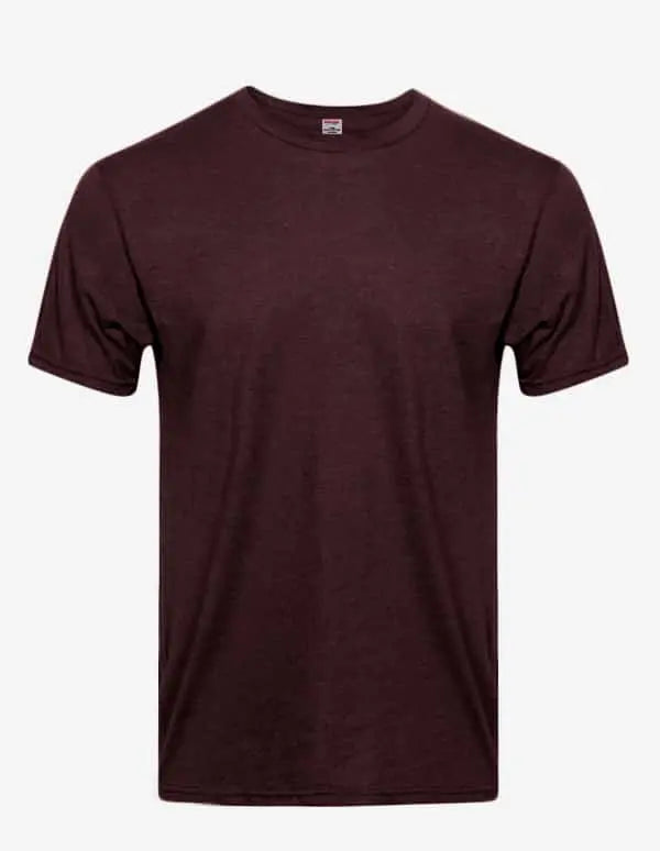 Men's Bi-Blend Crew 3050 by SpectraUSA featuring dark burgundy and black heather knit fabric, front view showing crew neckline and textured pattern.