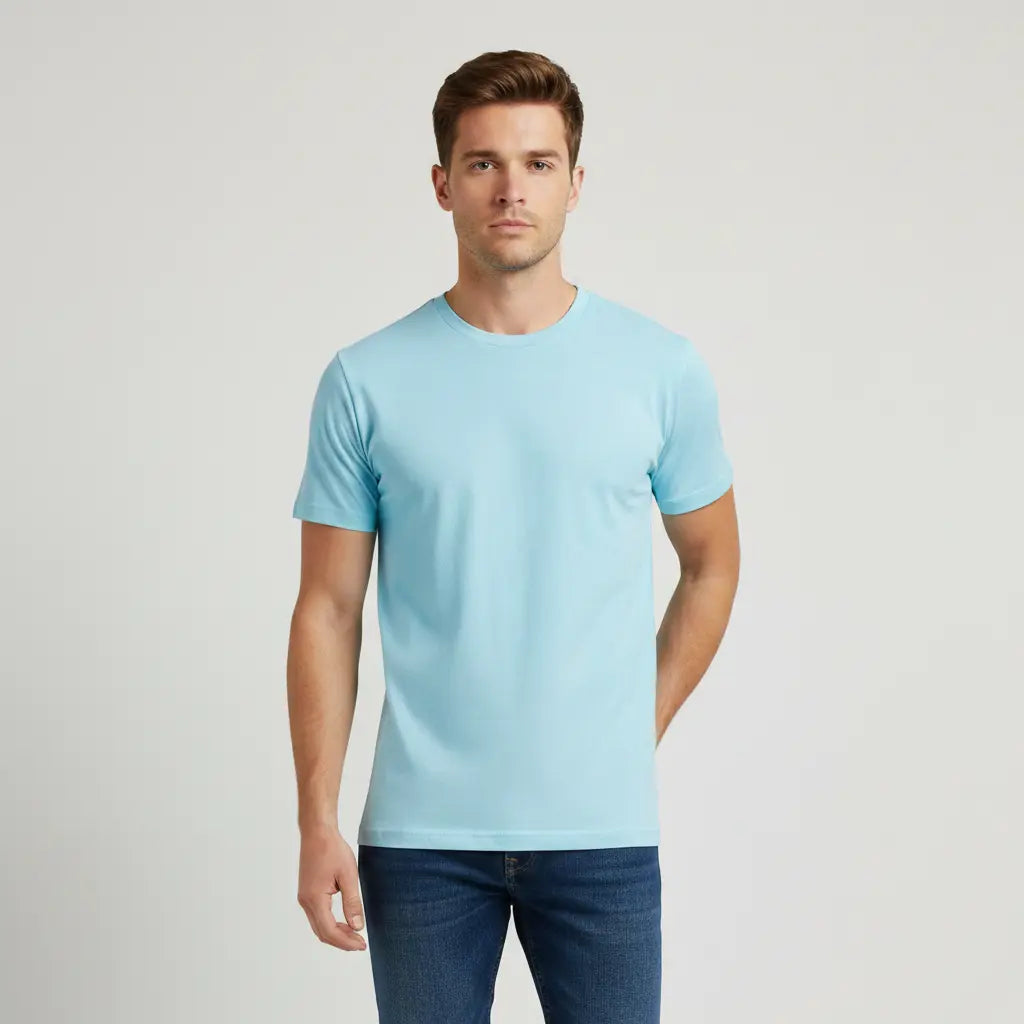Sky blue men's Retro Ring-Spun Crew Neck T-Shirt by SpectraUSA, showing the front view of the casual cotton tee.