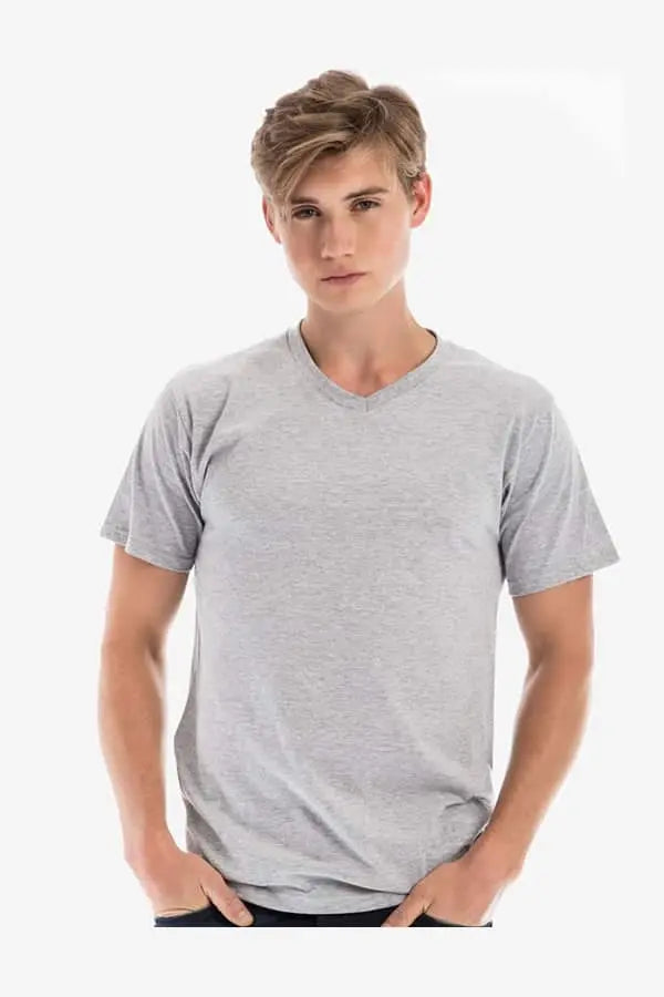 Men's grey heather V-neck t-shirt by SpectraUSA, showcasing the fit and fabric texture of the Men's V-Neck 3105.