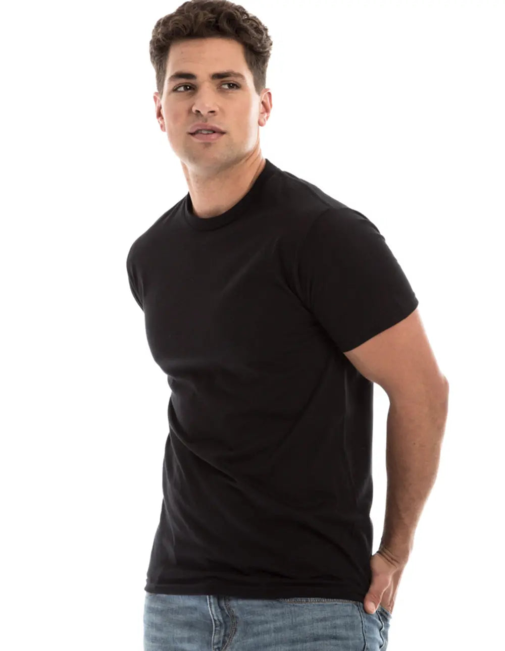 Black men's Retro Ring-Spun Crew Neck T-Shirt by SpectraUSA, showing the classic fit and soft fabric detail.