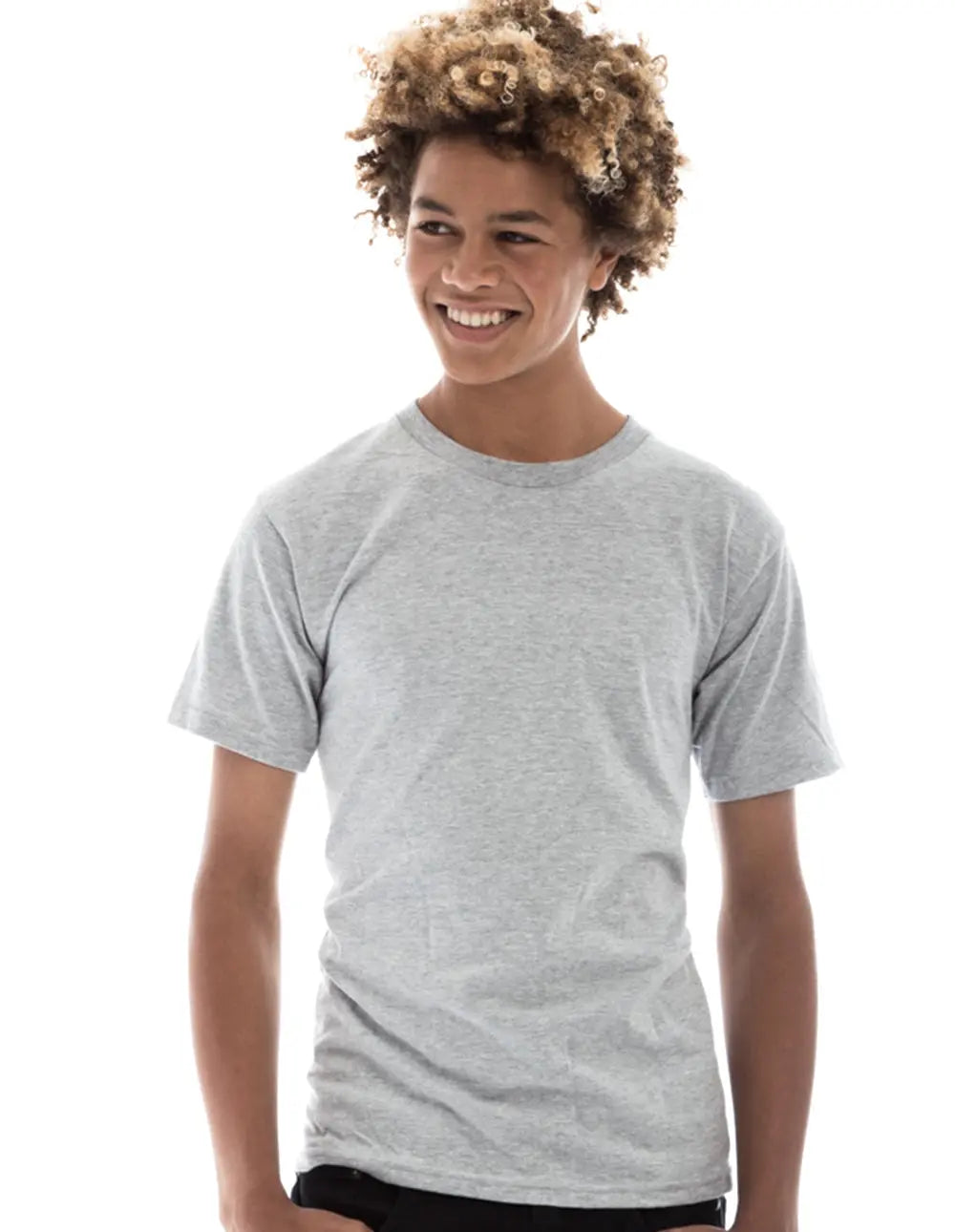 Men's heather grey Retro Ring-Spun Crew Neck T-Shirt by SpectraUSA, showing a close-up of the classic crew neck and soft fabric.
