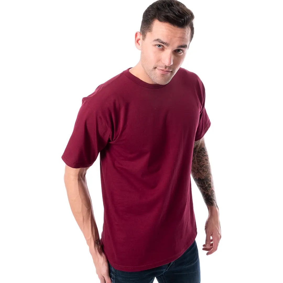 Men's maroon Retro Ring-Spun Crew Neck T-Shirt by SpectraUSA, showing the classic fit and soft fabric texture.