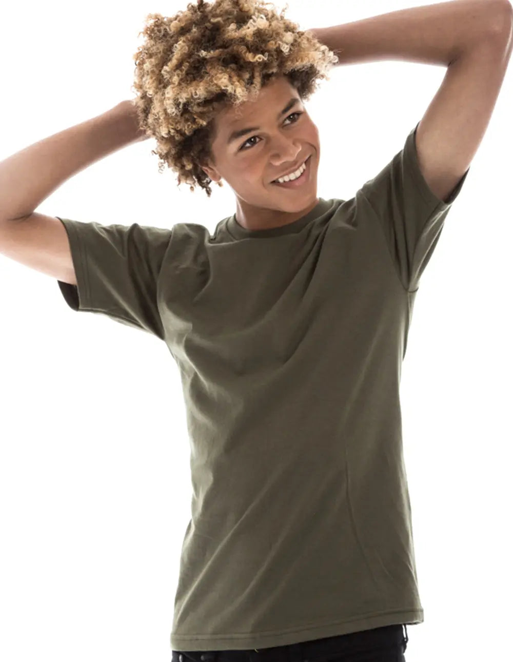 Men's military green Retro Ring-Spun Crew Neck T-Shirt by SpectraUSA, showcasing a classic, comfortable fit and soft fabric.