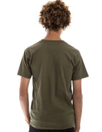 Men's military green Retro Ring-Spun Crew Neck T-Shirt by SpectraUSA, showing a close-up of the classic fabric and fit.