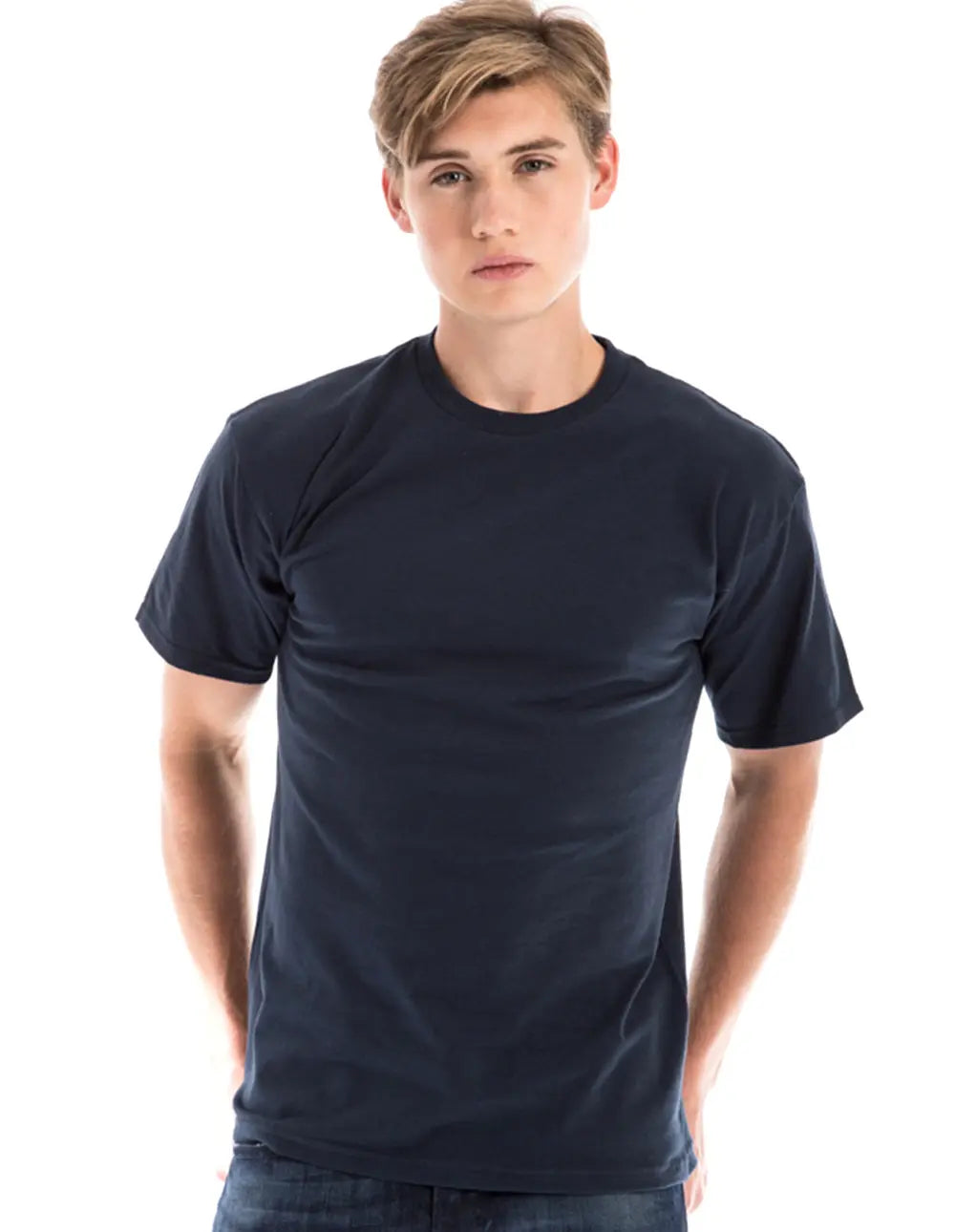 Men's navy Retro Ring-Spun Crew Neck T-Shirt by SpectraUSA, casual fit, soft cotton fabric, front view