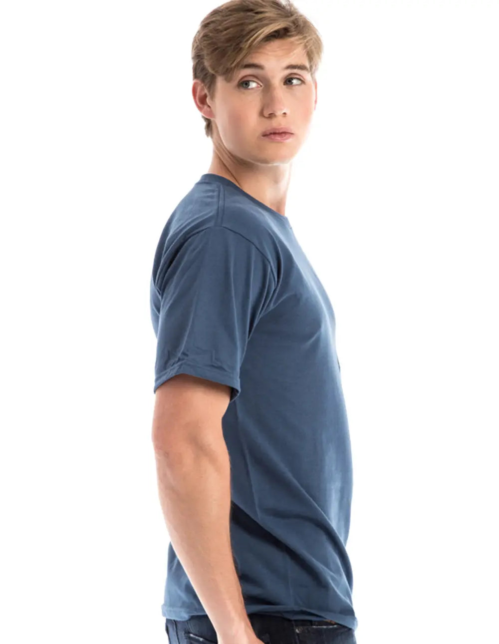 Men's patrol blue crew neck T-shirt by SpectraUSA, classic ring-spun cotton, comfortable casual fit.