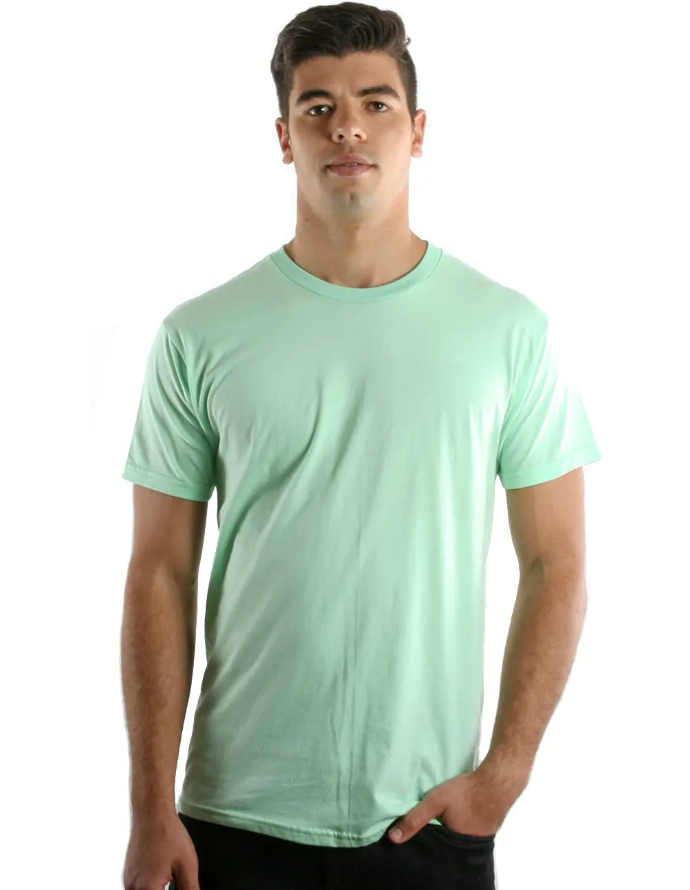 Men's mint green crew neck T-shirt by SpectraUSA, made from soft ring-spun cotton, featuring a classic fit and comfortable design.