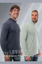 SpectraUSA UPF 50 performance long sleeve hoodie, lightweight and sun-protective, shown on a model in outdoor setting.