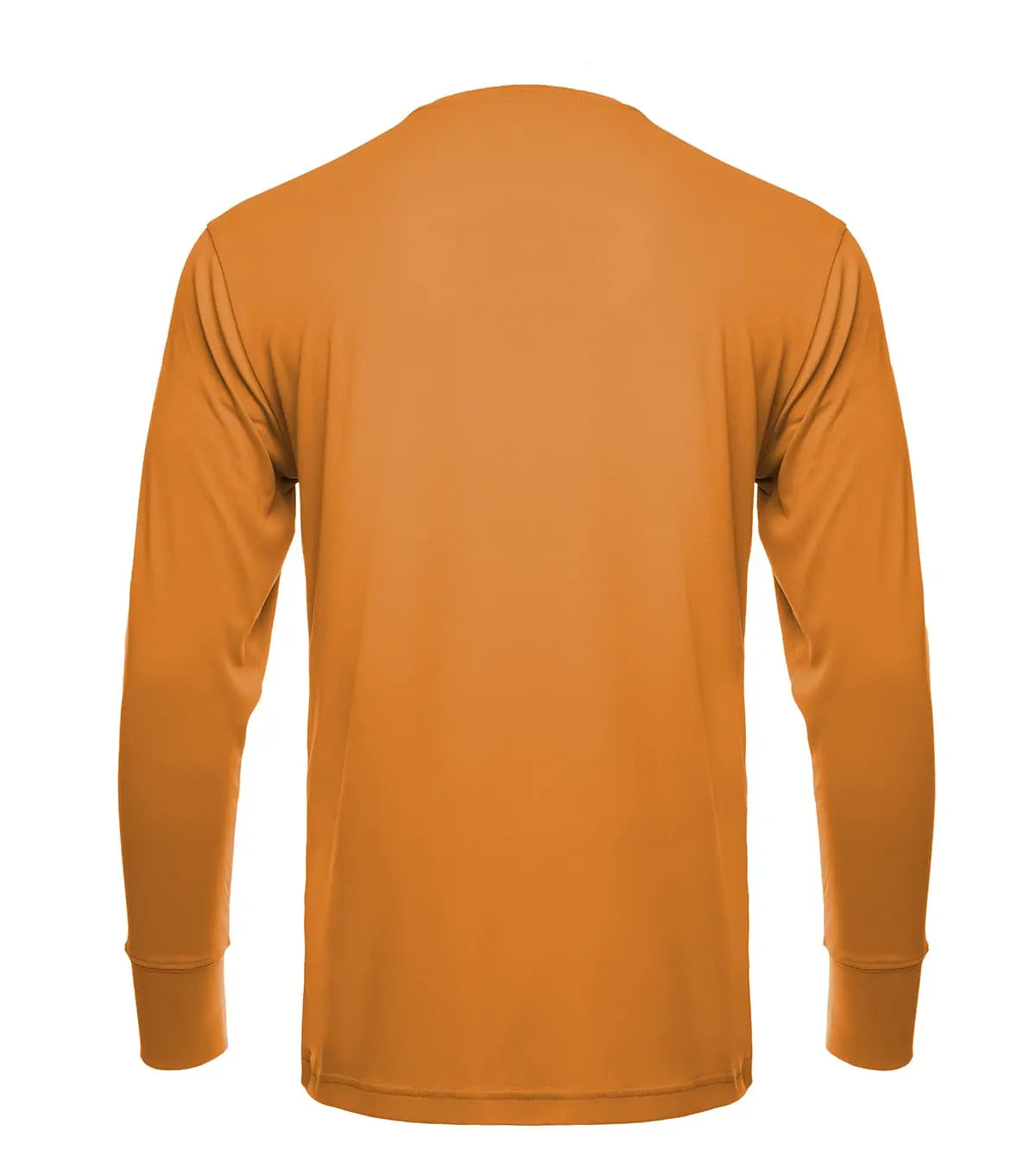 Orange SpectraUSA UPF 50 performance long sleeve crew shirt with construction design, shown from the back.