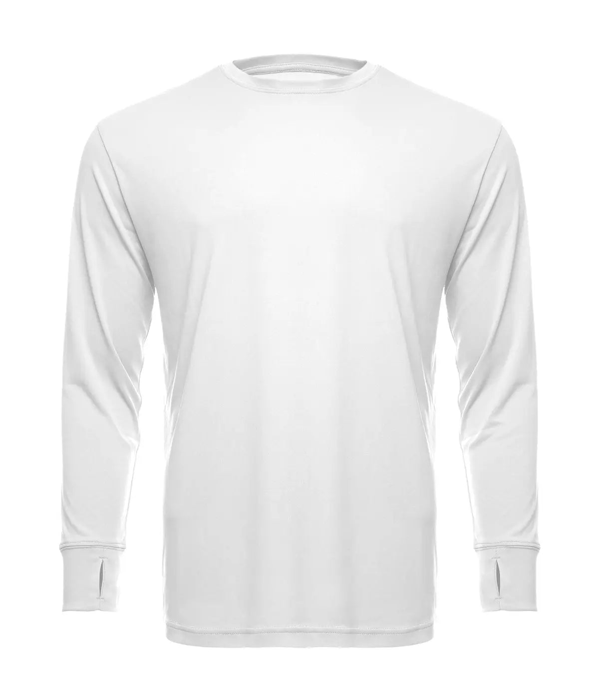 SpectraUSA UPF 50 performance white long sleeve crew shirt shown from front view, designed for sun protection and active wear