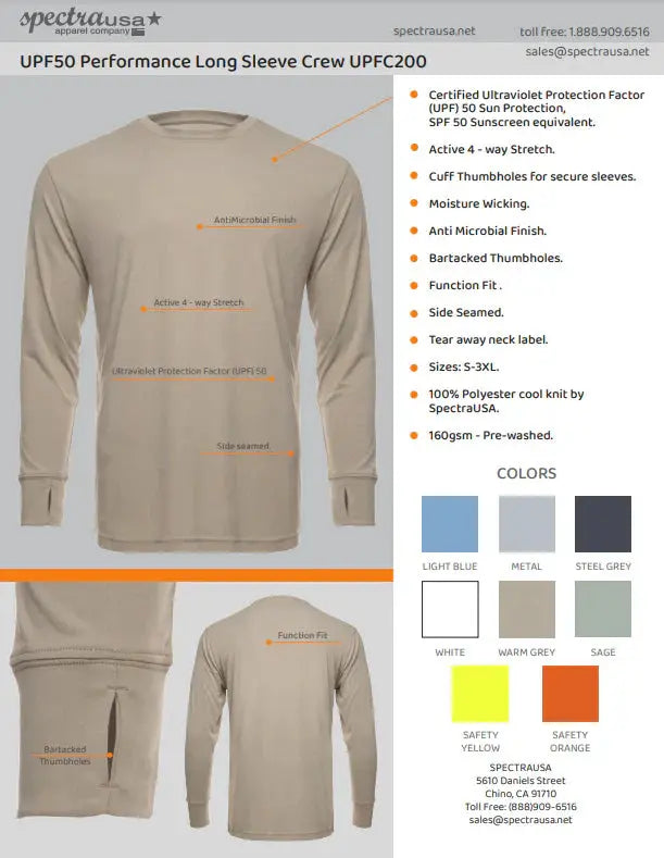 SpectraUSA UPF 50 performance long sleeve crew shirt in moisture-wicking fabric, ideal for sun protection and active wear.