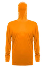 SpectraUSA UPF 50 performance long sleeve hoodie in construction orange with front view, designed for sun protection and active wear.