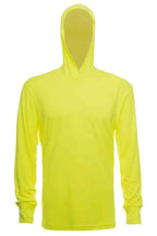 SpectraUSA UPF 50 performance long sleeve hooded shirt in safety yellow, designed for sun protection and active wear.