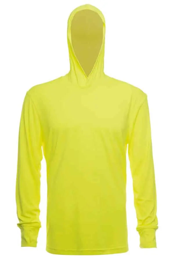 SpectraUSA UPF 50 performance long sleeve hooded shirt in safety yellow, designed for sun protection and active wear.