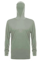 SpectraUSA UPF 50 performance long sleeve hooded shirt in sage color, designed for sun protection and active wear.