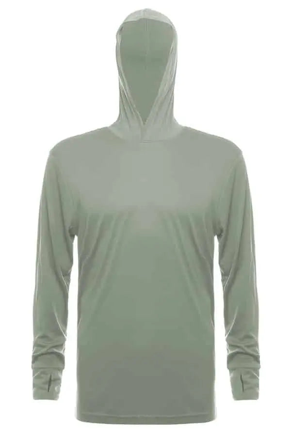 SpectraUSA UPF 50 performance long sleeve hooded shirt in sage color, designed for sun protection and active wear.