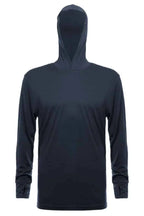 SpectraUSA UPF 50 performance long sleeve hoody in steel grey, front view showing lightweight, breathable fabric and hood.