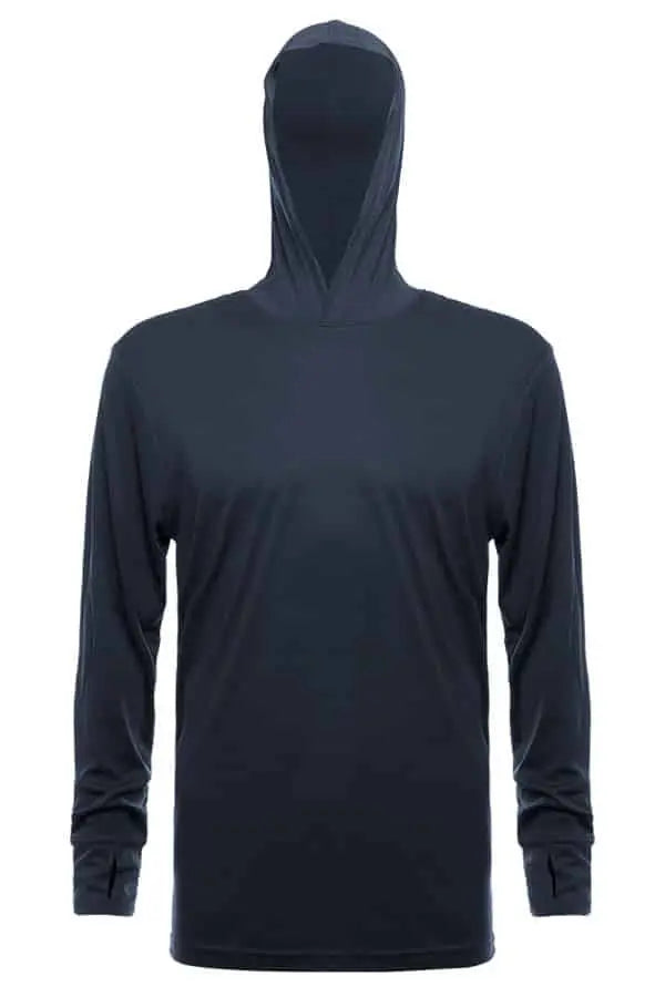 SpectraUSA UPF 50 performance long sleeve hoody in steel grey, front view showing lightweight, breathable fabric and hood.